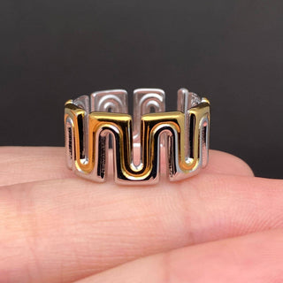 Two Tone Geometric 18K Gold Plated S.Steel Ring - FGS: Steel color+golden