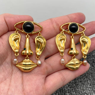 18K Gold Plated Abstract Facial Features Dangle Earrings